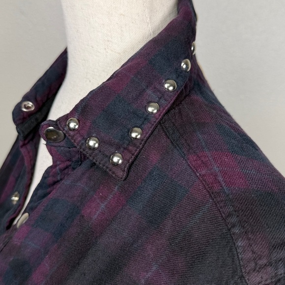 RILEY 1880‎ Crop Plaid Flannel Snap Up Shirt XS/S Bling Purple Western Grunge - Picture 14 of 17